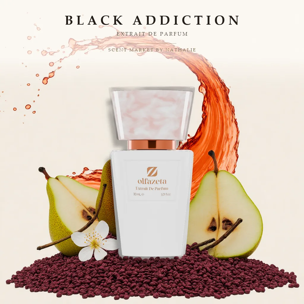 Black Addiction – Flakon mit den Zutaten seiner Duftnoten