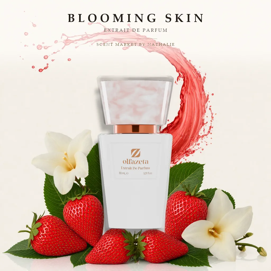 Blooming Skin – Flakon mit den Zutaten seiner Duftnoten