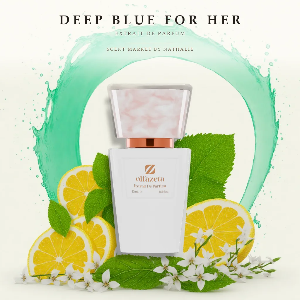 Deep Blue For Her – Flakon mit den Zutaten seiner Duftnoten
