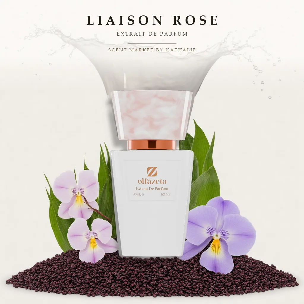 Liaison Rose – Flakon mit den Zutaten seiner Duftnoten
