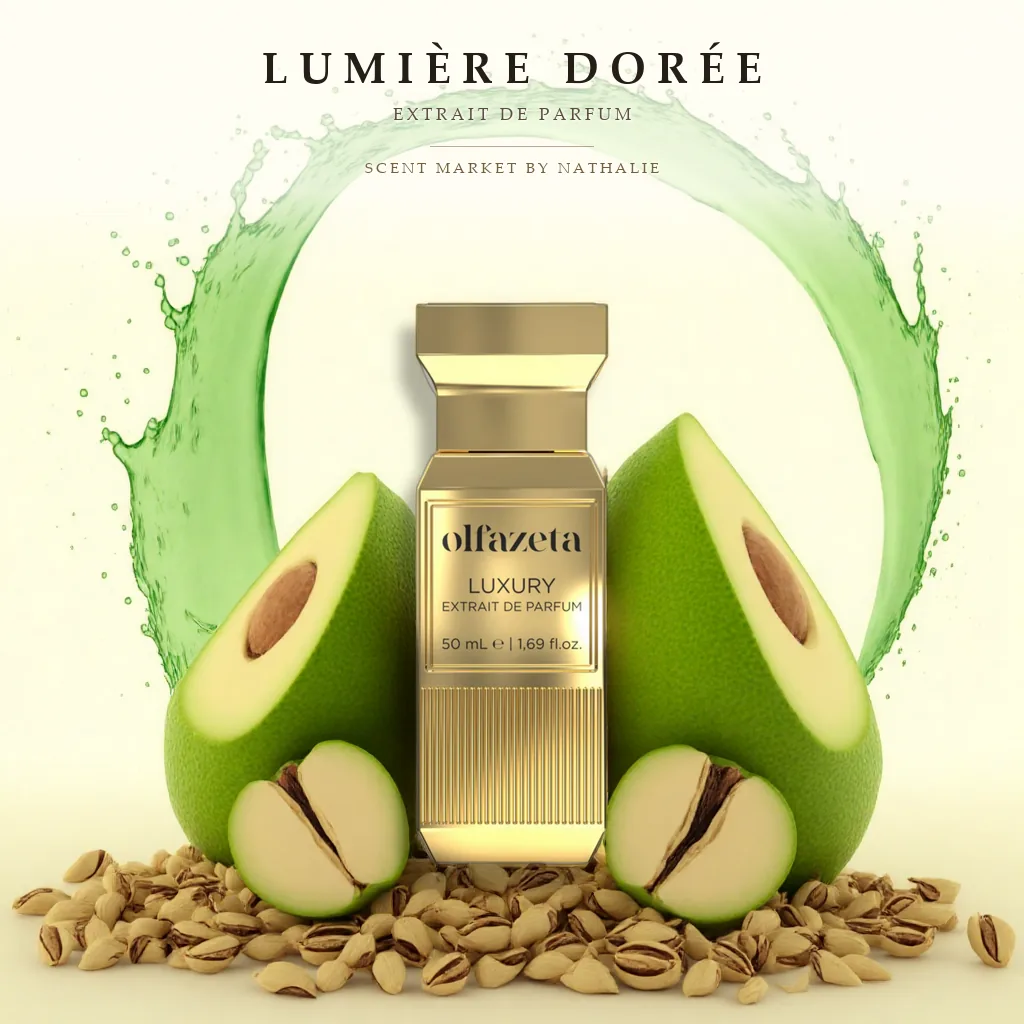 Lumière Dorée – Flakon mit den Zutaten seiner Duftnoten