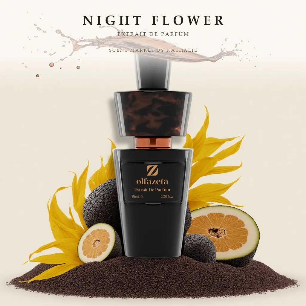 Night Flower – Flakon mit den Zutaten seiner Duftnoten