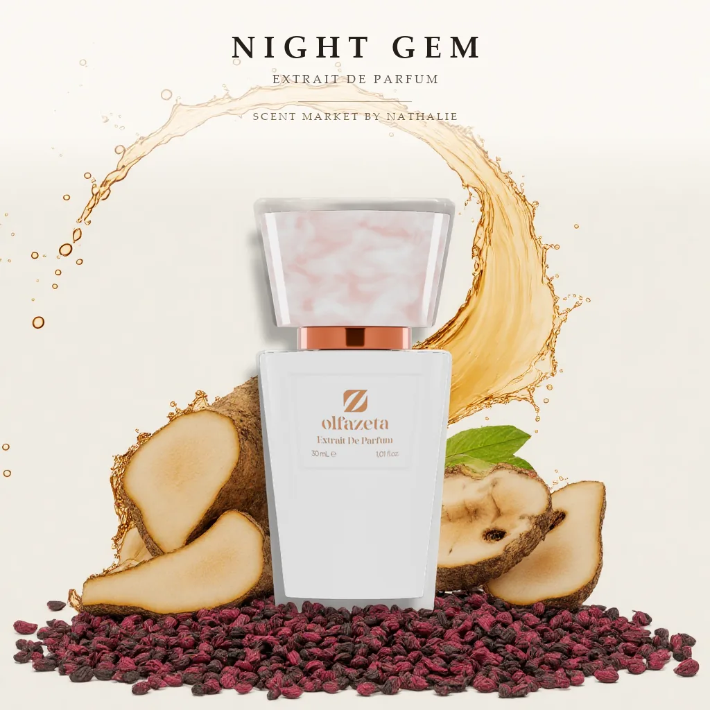 Night Gem – Flakon mit den Zutaten seiner Duftnoten