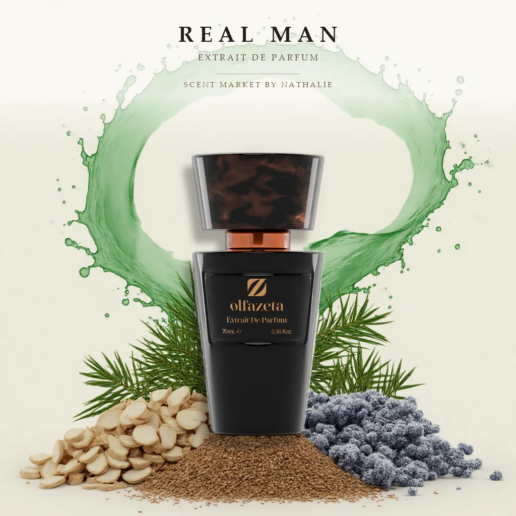 Real Man – Flakon mit den Zutaten seiner Duftnoten