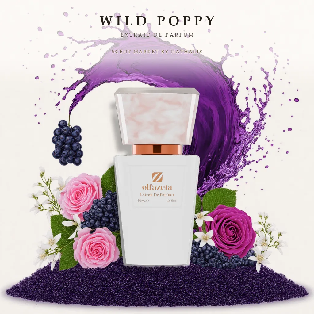 Wild Poppy – Flakon mit den Zutaten seiner Duftnoten
